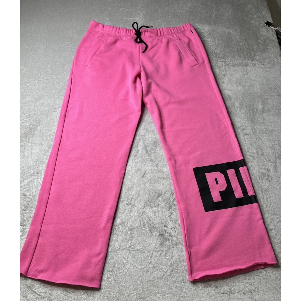 PINK VICTORIA'S SECRET FLEECE BOYFRIEND WIDE LEG SWEATPANTS Sz L Regular NWT